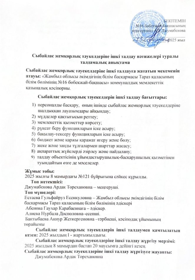 Сыбайлас жемқорлық тәуекелдеріне ішкі талдау нәтижелері туралы талдамалық анықтама